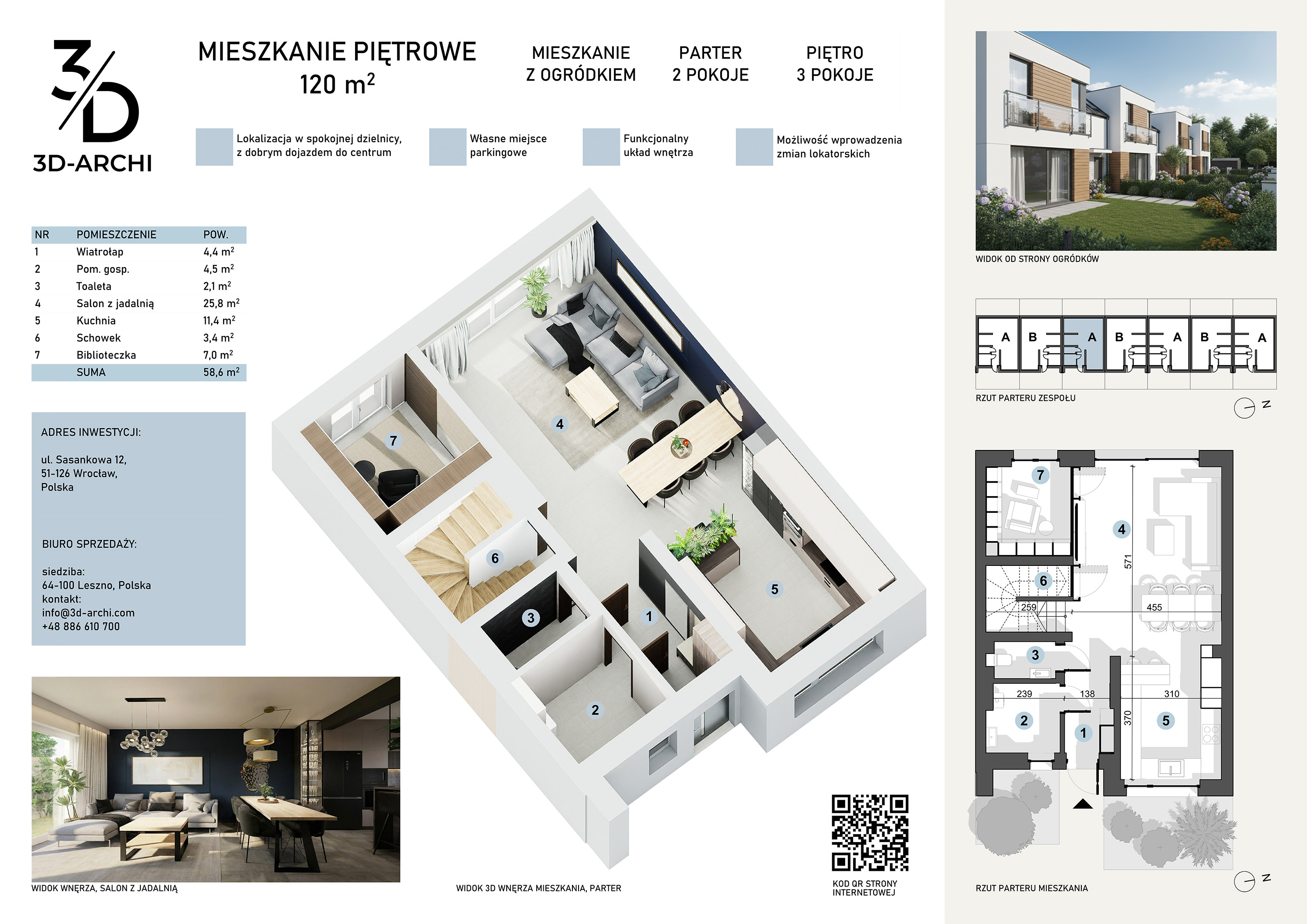 Karta lokalu z rzutem 3D, metrażem i zestawieniem pomieszczeń